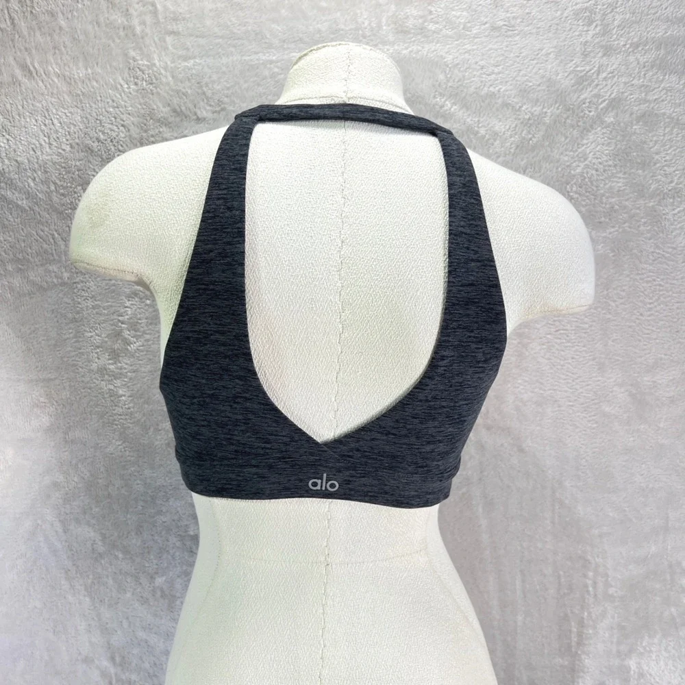 Alo‎ Yoga Heathered Charcoal High Neck Racerback Sports Bra Crop Top Keyhole S